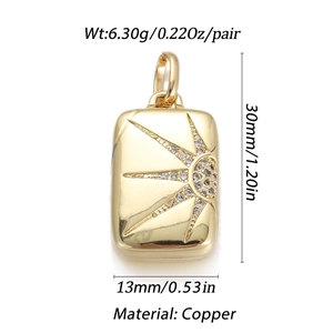 18K gold plated copper sunburst pendant with crystal accents and dimensions overlay