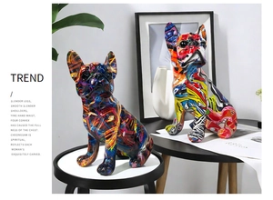 Detail of colorful water transfer printing on resin bulldog animal figurine home decor