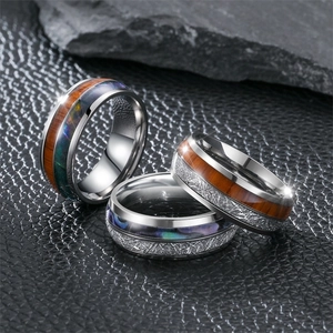 Vintage Titanium Steel Ring With Wood And Abalone Shell Inlay Fashion Band Jewelry For Men Women