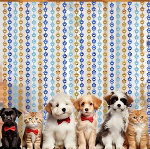 Blue and gold pet party foil curtain backdrop featuring paw prints for dog birthday
