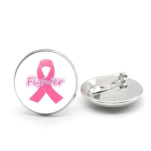 Vintage glass brooch featuring pink ribbon and Fighter text with metal pin back