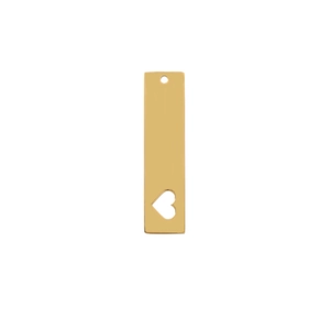 Close-up of golden rectangular stainless steel pendant with hollow heart and mirror finish