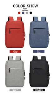 Waterproof USB business backpacks displayed in four colors: red, blue, grey and black