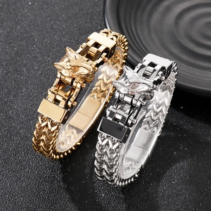 Detailed view of wolf head engraved links on heavy metal chain bracelets in gold and silver