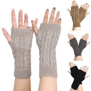 Detailed cable knit pattern on warm acrylic fingerless arm warmers in four classic colors