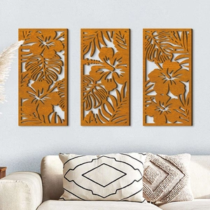 Lot de 3 décorations murales modernes en bois avec motifs tropicaux découpés au laser