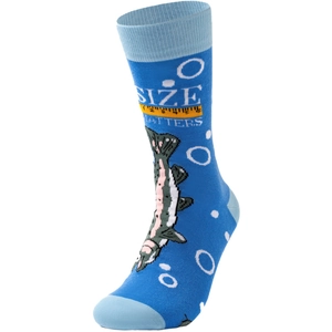 Detail view of cotton crew socks with blue fish patterns and Size Matters slogan