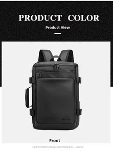 Front view of black waterproof business backpack with dual zippers and side straps