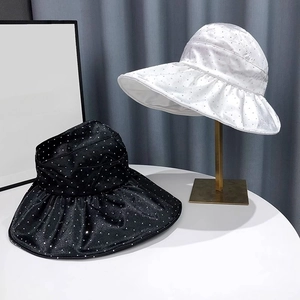 Chic rhinestone sun visor hats for women in black and white with wide pleated brims