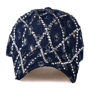 Berretto da baseball in denim blu scuro con strass argentati e design strappato