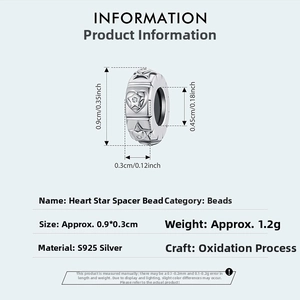 Macro detail of S925 silver heart star spacer bead with technical dimensions and weight