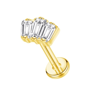 Detailed macro view of gold G23 titanium internall threaded butterfly labret stud with crystals