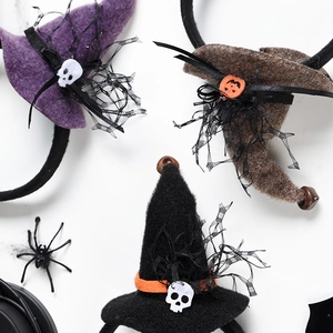 Halloween wizard hat headbands in purple, brown and black with lace and skull details