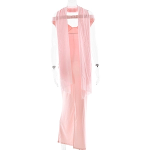 Rear view of an elegant pink strapless maxi dress with a sheer matching shawl