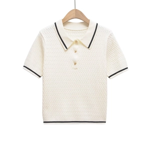 Women Knit Polo Shirt Short Sleeve Contrast Trim Cable Textured Retro Lapel Collar Polyester Top