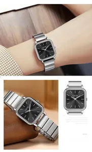 Detailed views of a square women's watch with black dial and silver stainless steel strap