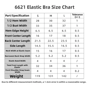 Detailed size chart for seamless sports bra showing precise S, M, and L measurements