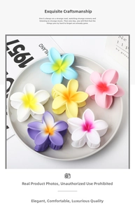 Set of six colorful 8cm plumeria hair claws in soft matte resin on a stylish tray