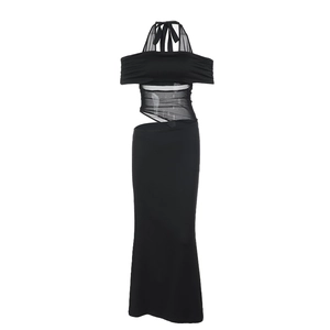 Sexy schwarzes schulterfreies Maxikleid mit Netzausschnitten und Halter-Hals-Design