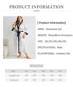 Size chart showing 1XL-5XL measurements for women's heart print imitation silk robe