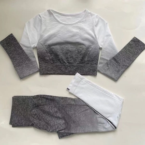 Ensemble de yoga dégradé gris avec haut court à manches longues et legging de sport