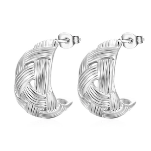 Silver textured grid pattern C-shaped stainless steel earrings for women