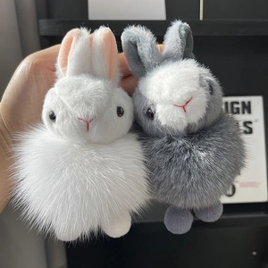 Fluffy Rabbit Keychain Real Fox Fur Pom-pom Bag Charm Cute Animal Pendant Plush Toy For Women Girls Gift