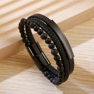 Multilayer black woven leather bracelet with matte stone beads and magnetic metal clasp