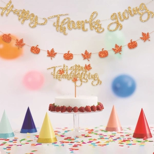 Golden glitter Happy Thanksgiving banner and maple leaf pumpkin party decoration set