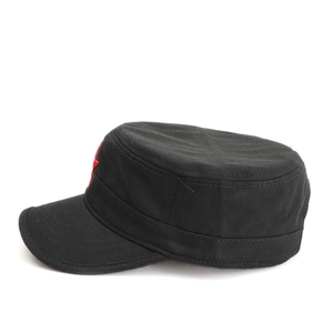 Side view of black canvas flat top patrol cap featuring a red star embroidery badge