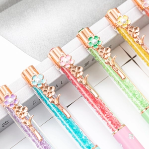Elegant crystal ballpoint pens with pearl flower clips and colorful gemstone filling
