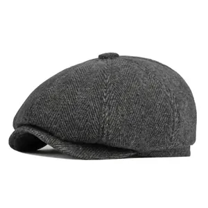 Casquette Gavroche Homme Vintage Chevrons Laine Hiver Chaud Avec Protection Oreilles Style Britannique Rétro Octogonale