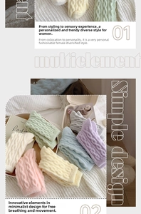 Macro detail of thick cable knit winter socks in diverse candy colors and cozy textures