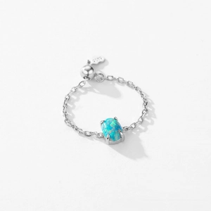 Adjustable S925 sterling silver chain ring with oval blue opal gemstone for women