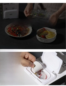 Detailed close-up of disposable food covers with elastic bands and easy-pull dispenser box