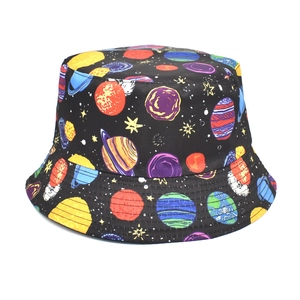 Detail of black bucket hat featuring colorful hand-drawn planet and galaxy space prints