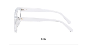 Detail view of transparent square frames showing flexible spring hinge and temple design