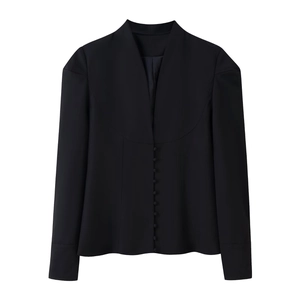 Slim-fit black collarless V-neck blazer for women with multiple decorative buttons