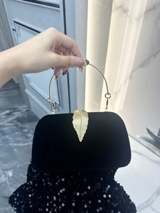 Pochette De Soirée En Velours Sac À Main Formel De Fête Mariage Avec Fermoir Feuille Dorée Et Poignée Anneau Femme
