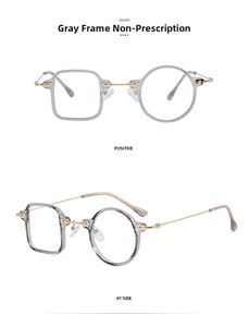 Detail view of asymmetrical square-round grey frames with gold metal bridge and temples