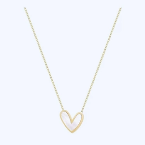 Minimalist gold titanium steel necklace with a heart pendant and white mother of pearl
