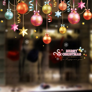 Hanging Christmas ball window stickers with stars and Merry Christmas greeting