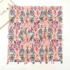 Retro geometric print voile scarf with colorful tassels and soft ethnic patterns