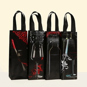 Non-woven Wine Gift Bag With Handle Reusable Bottle Tote For Festival Party Wedding Printed Pattern Black Red