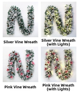 Detailed comparison of pink and silver flocked Christmas garlands with and without LED lights