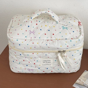 Detail of quilted makeup bag featuring colorful polka dots and bow print textures