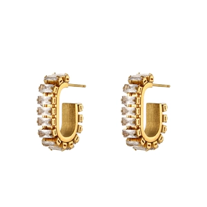 Boucles d'oreilles C en acier inoxydable doré avec zircons rectangulaires incrustés