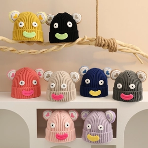 Bonnet En Tricot Pour Enfants Monstre Dessin Animé Acrylique Hiver Chaud Drôle Grande Bouche Yeux Beanie Pour Bambins