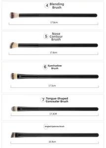 Detailed size guide for 5 essential makeup brushes including eye shadow and brow brushes