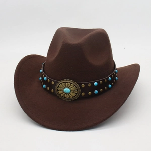 Western Cowboy Hat Wool Felt Fedora With Leather Band Turquoise Rivets Vintage Ethnic Style For Men Women